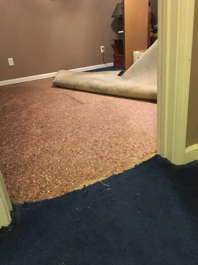 Carpet pad removal revealing water damage during Drying & Dehumidification in Archer Lodge